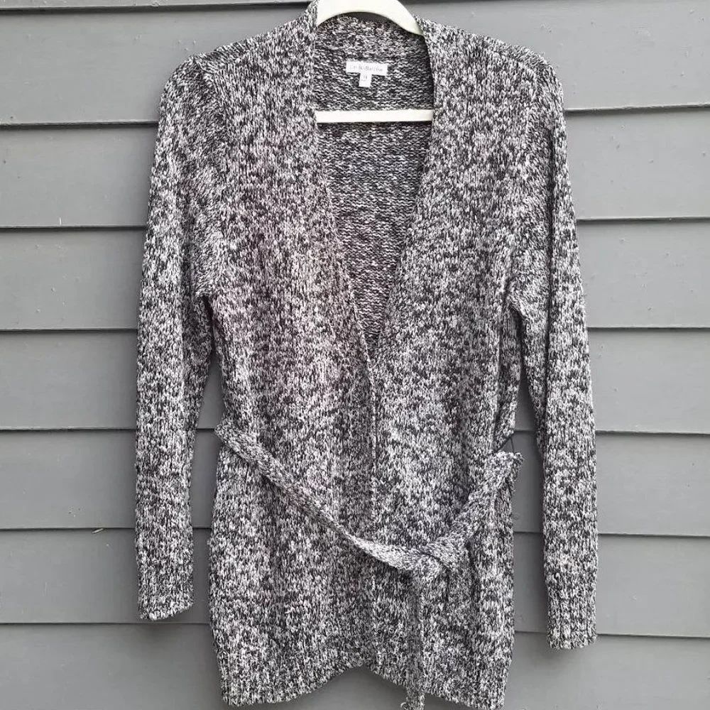 Croft & Barrow Marled Black Gray Long Cardigan with Tie Size XL